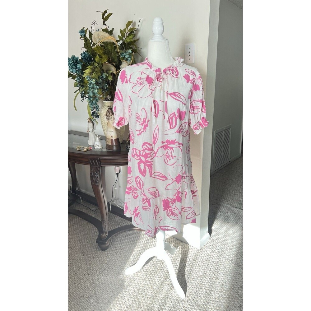 NWOT Kindred Floral Tiered Mini Dress L Pink White Ruffle Neck Boho Cottagecore